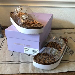 Madden Girl platform sandals, clear vinyl, silver buckles, animal print sole.